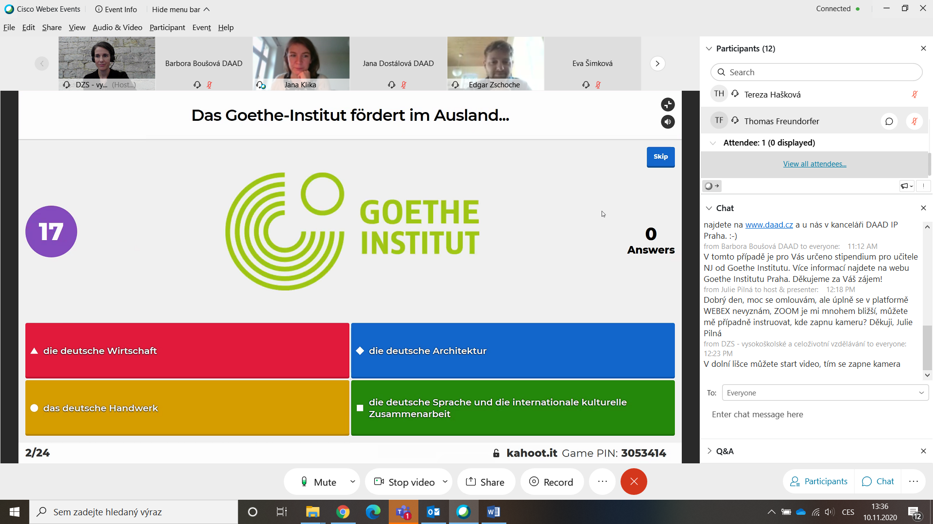 Záběr z kvízu Kahoot!, který organizoval Goethe-Institut Praha