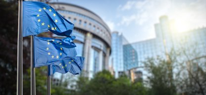 vlajky EU a Evropský parlament v pozadí